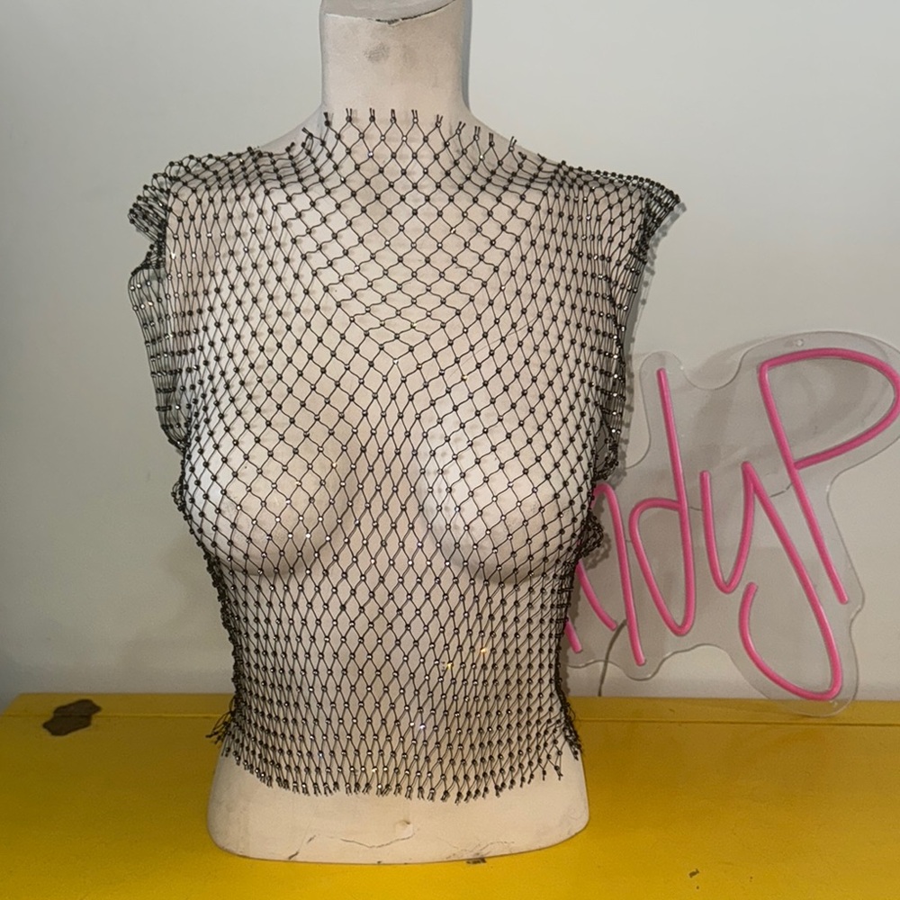 Black Rhinestone Mesh Women's Top
